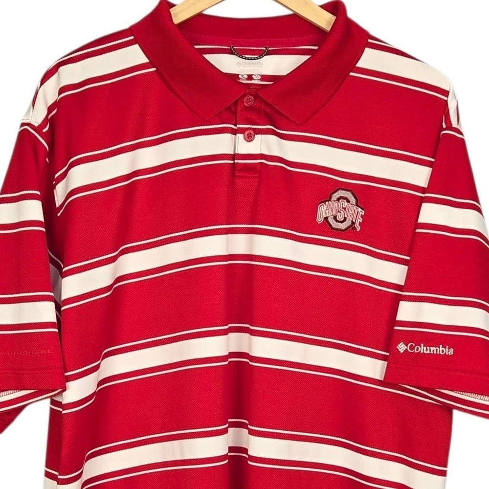 Columbia Polo Mens XL Red White Ohio State Stripe Omni-Shade Performance Shirt